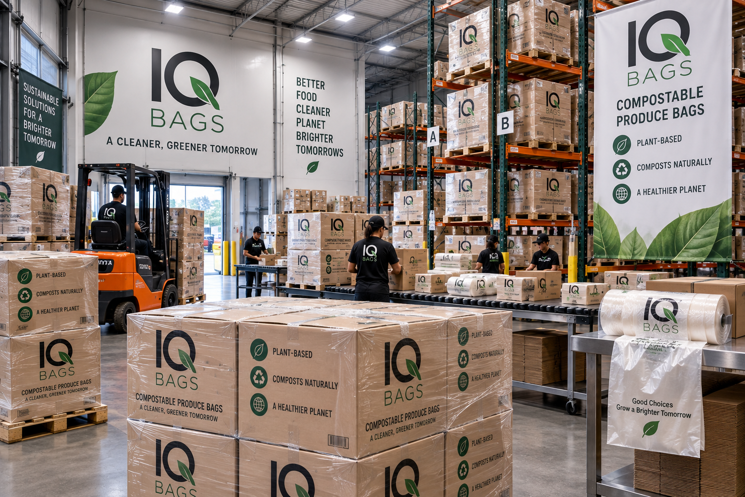 IQ Bags warehouse with pallets of compostable produce bags ready for wholesale shipment