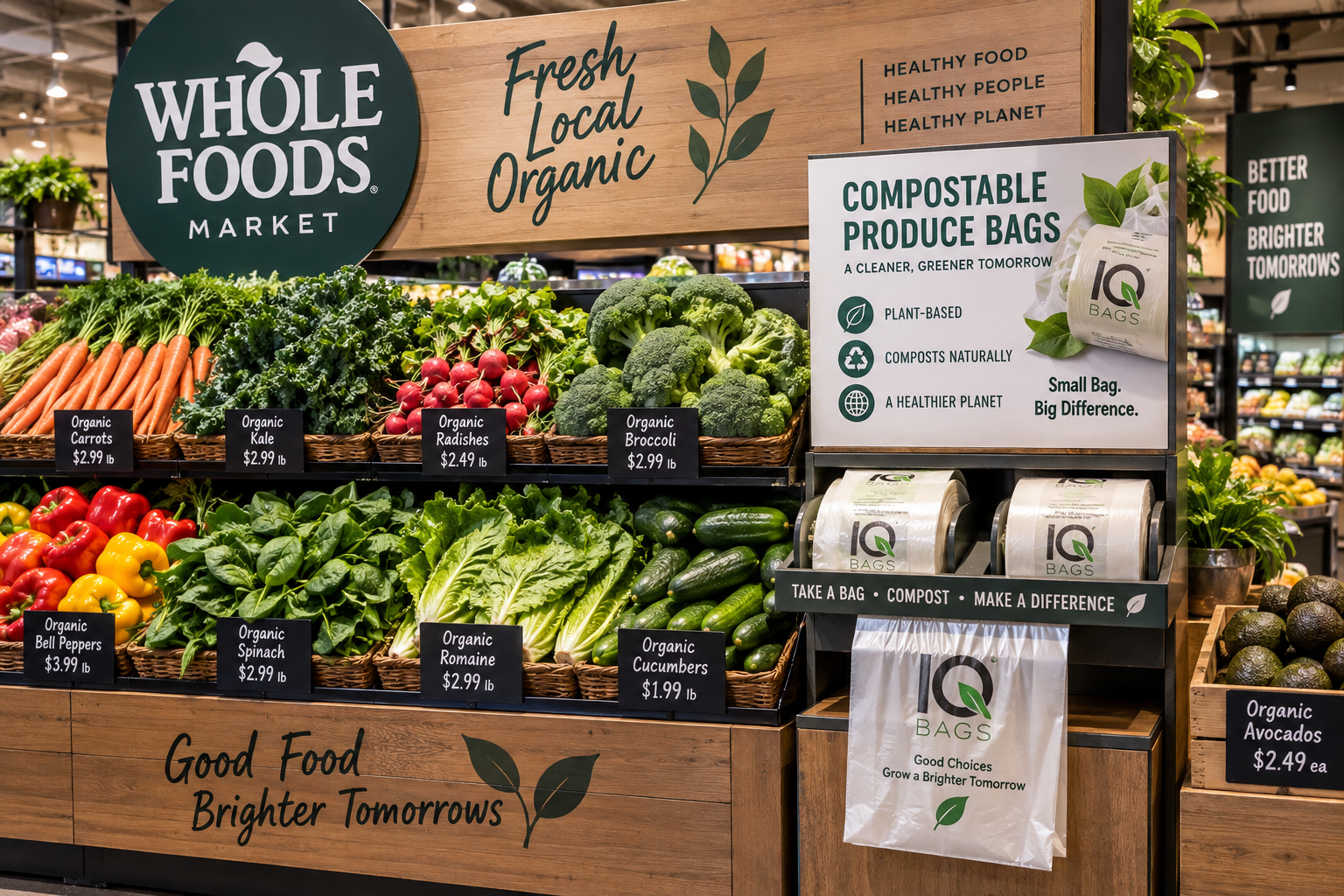 IQ Bags compostable produce bag dispenser in a supermarket produce section