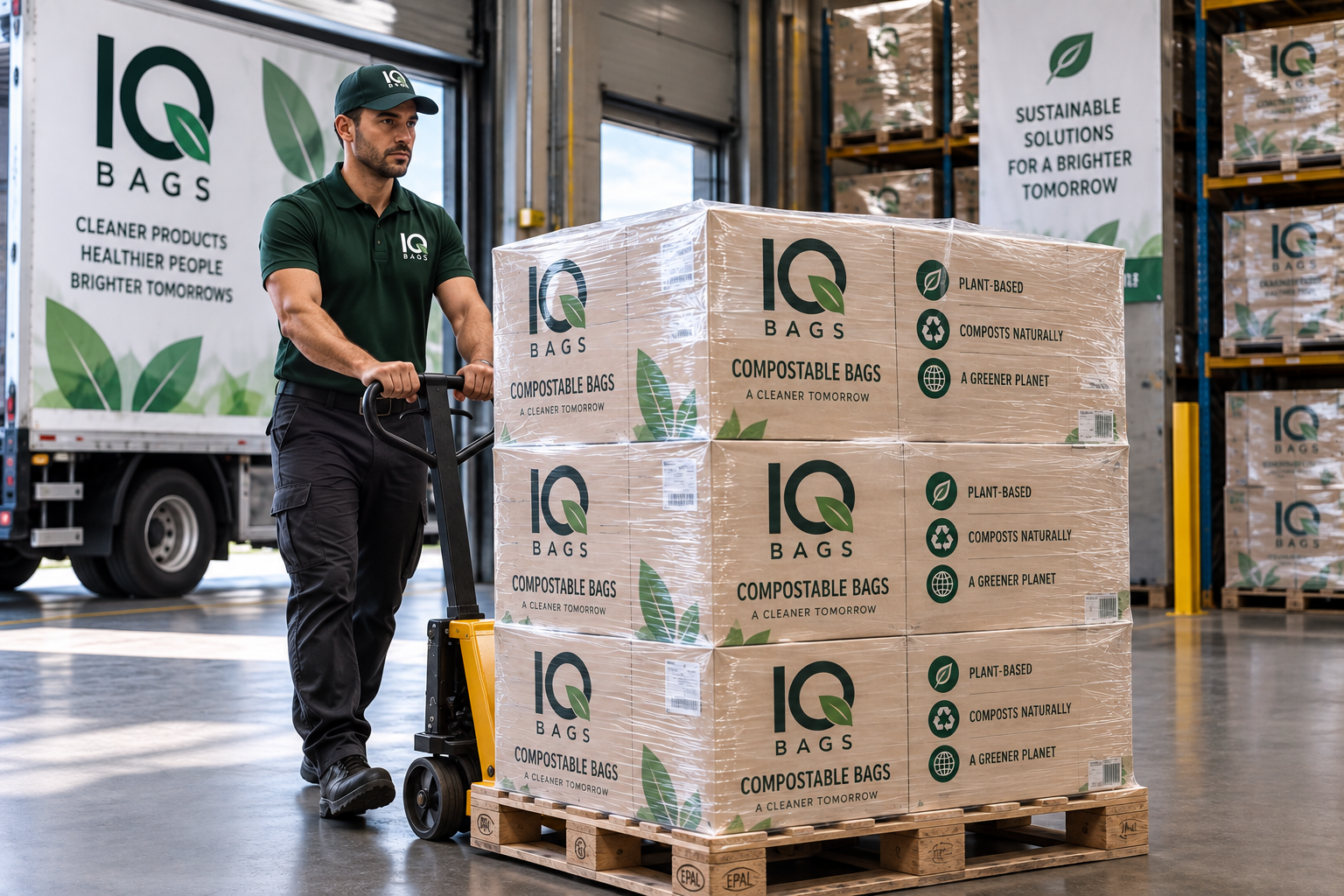 IQ Bags distribution warehouse with palletized wholesale inventory